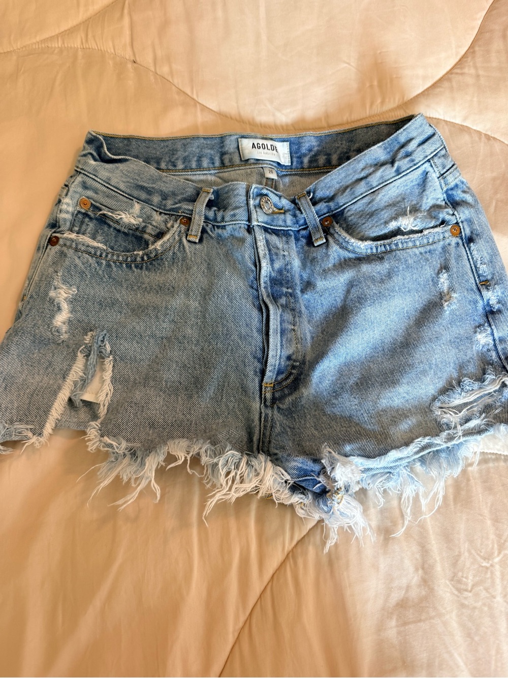 Agolde Light Blue Distressed Frayed Hem Denim Shorts